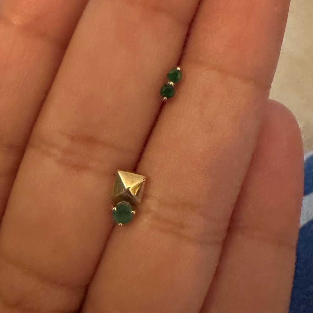 set of two last line earrings - emerald 14k gold